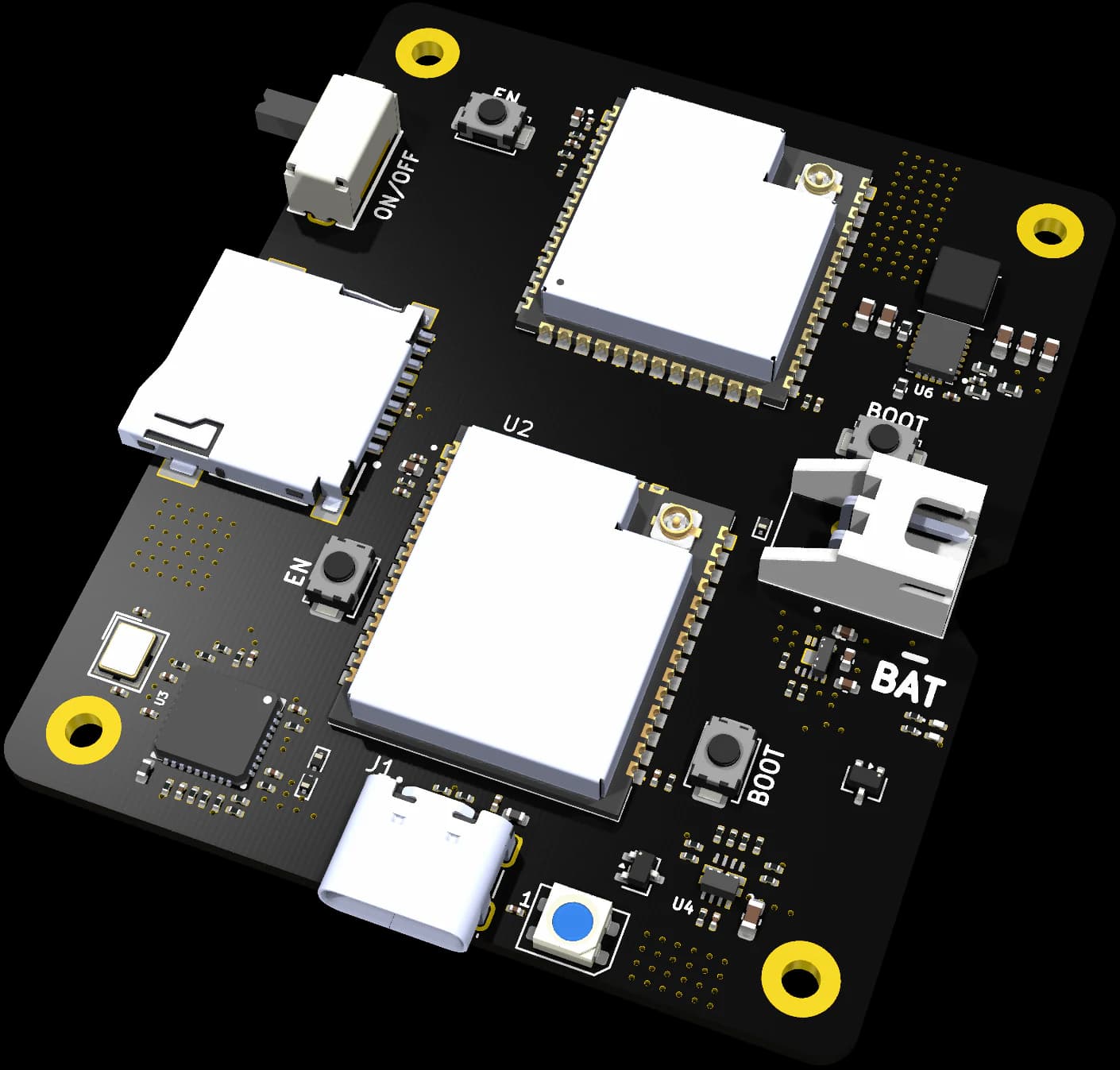 AirLeak Mini board: dual shielded radios, microSD slot, USB-C and JST-XH LiPo connector