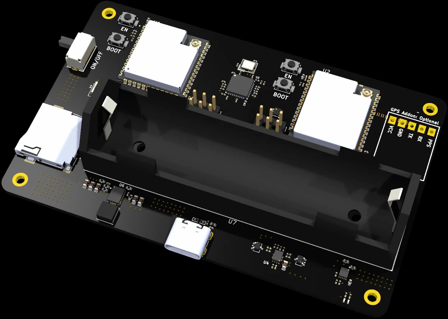AirLeak Pro board: two shielded radios, microSD, 18650 holder and optional GPS header