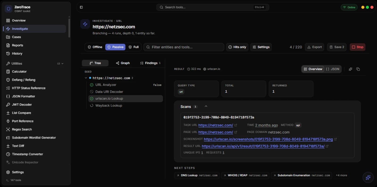 ZeroTrace OSINT investigando netzsec.com: uma árvore de consultas ao lado do resultado do urlscan.io
