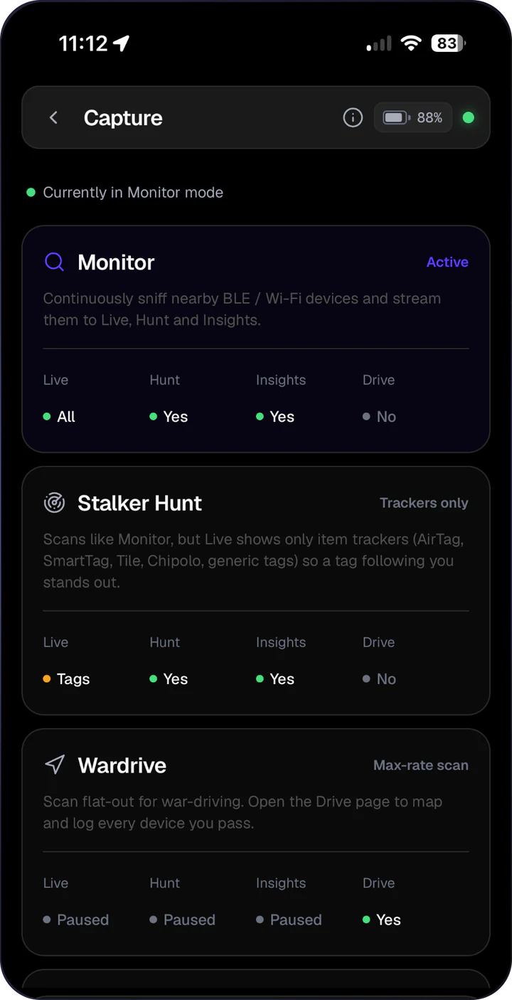 ZeroTrace Mobile conectado a um AirLeak, mostrando seus modos de captura