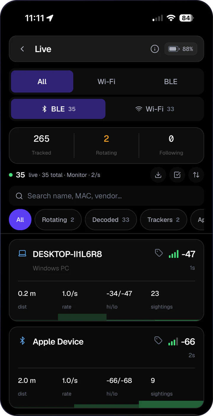 AirLeak Mini-App: Live-Ansicht