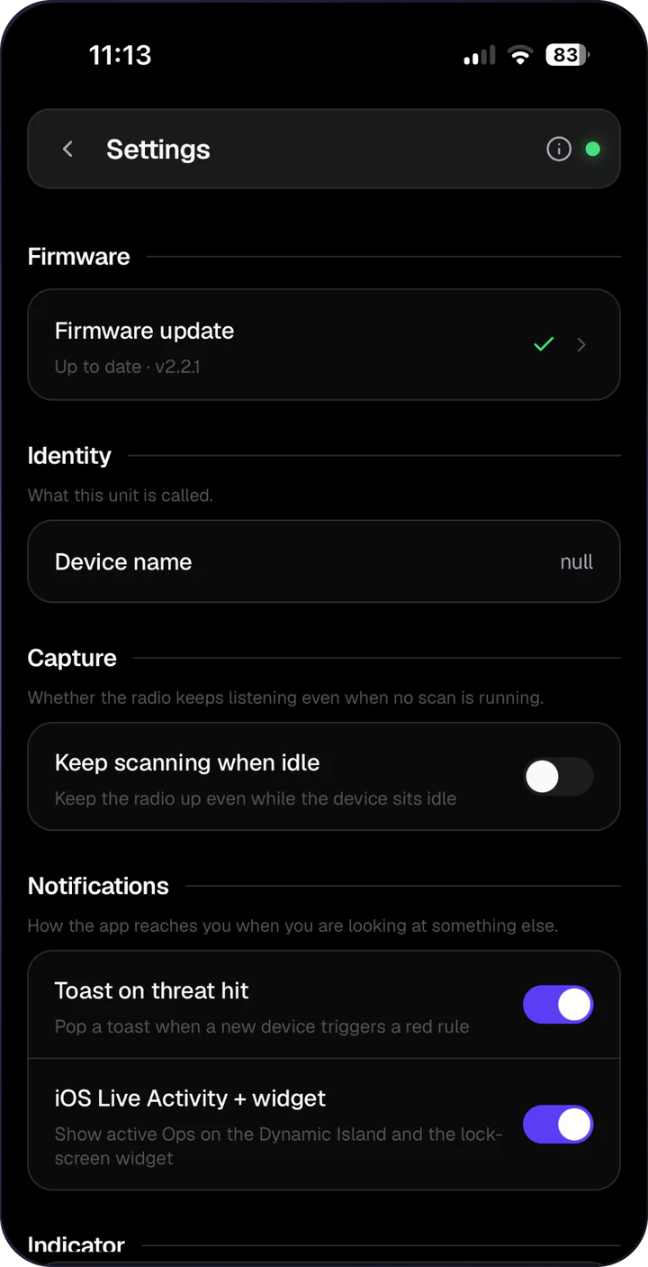 AirLeak Firmware-App: Einstellungen