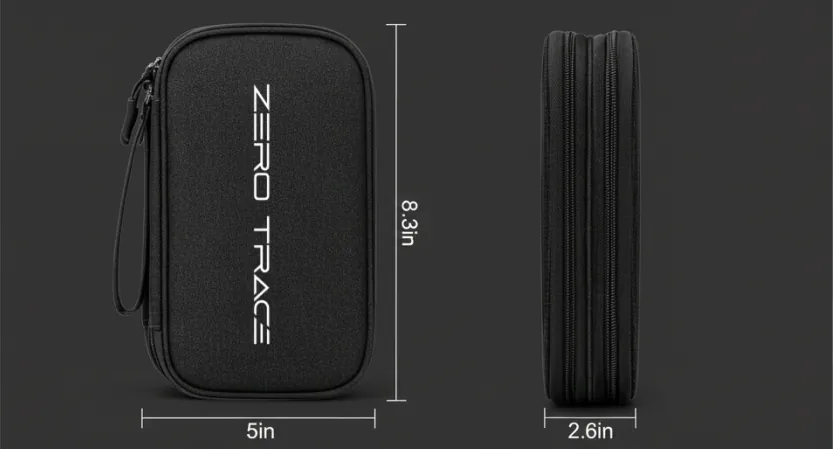 Dimensiones de la ZeroTrace Bag: 21 × 13 × 4 cm